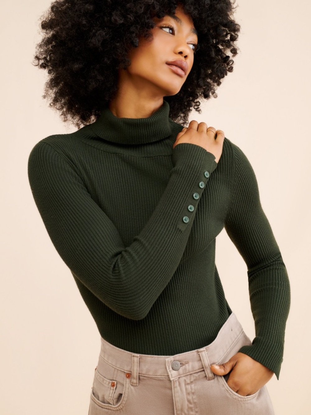 Maeve Anthropologie Button-Sleeve Turtleneck in Dark Green